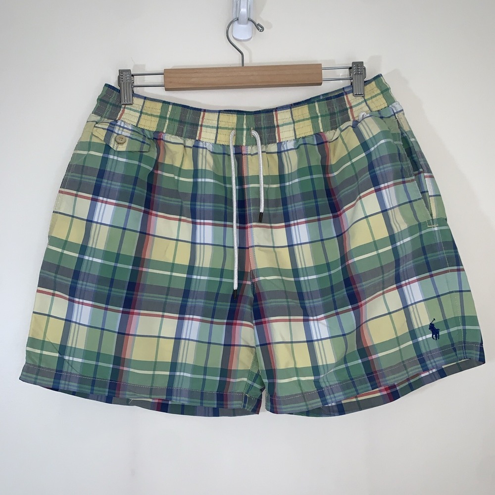 Polo Ralph Lauren Swimwear Trunks Mens XL Pastel Plaid Pockets Logo Preppy Beach